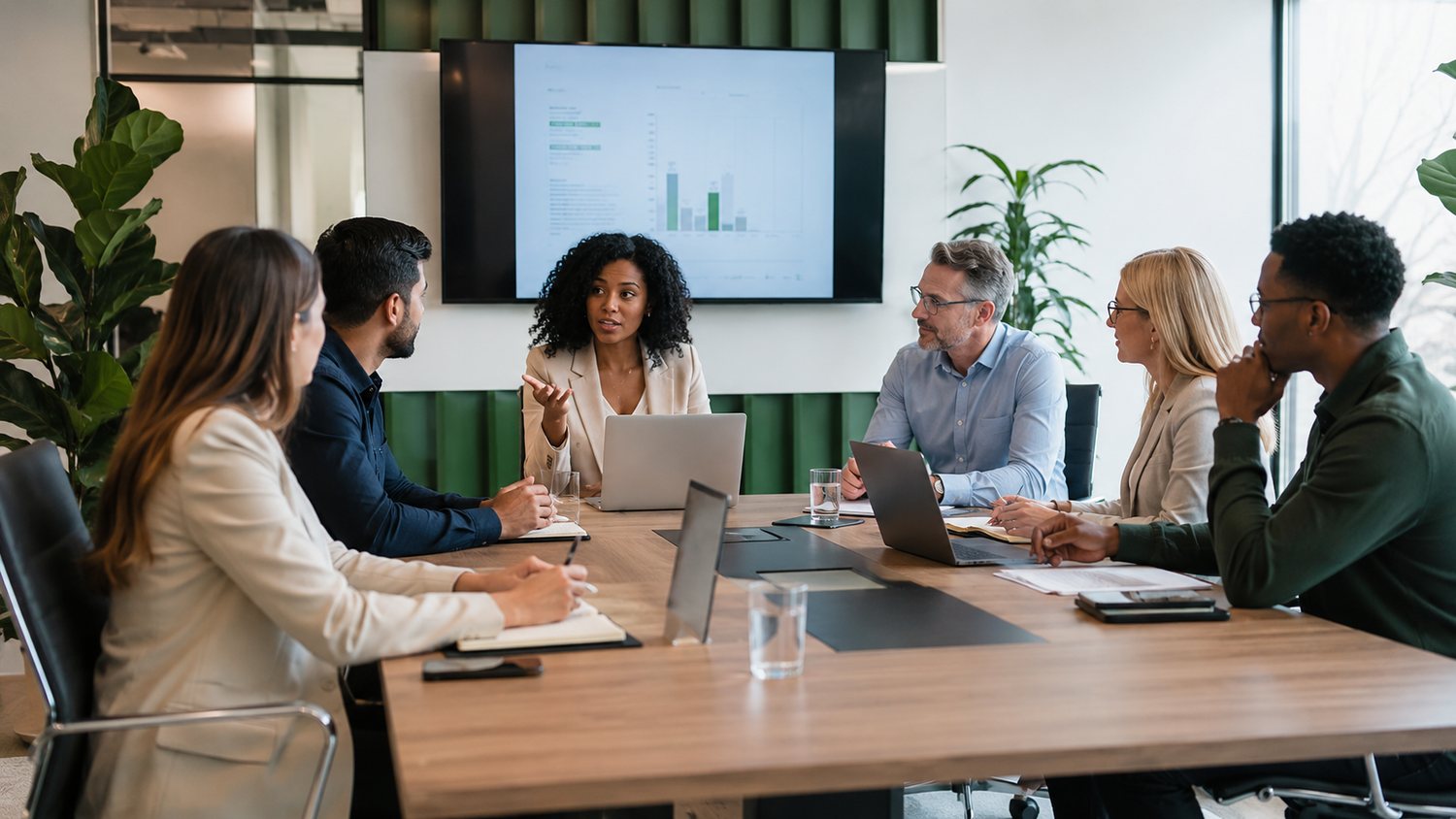 Professionals discussing requirements in a modern boardroom